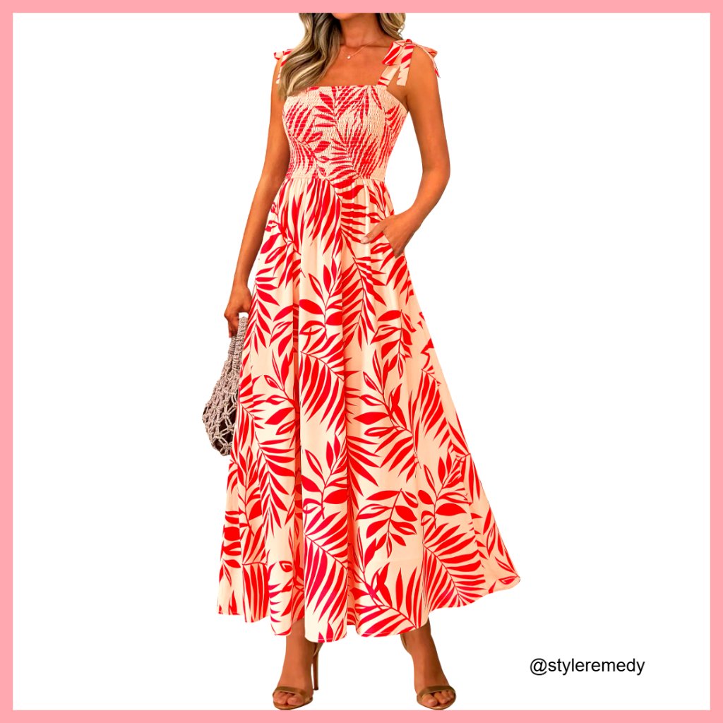 Floral Smocked Maxi Dress Sleeveless A-Line Boho Beach Sundress